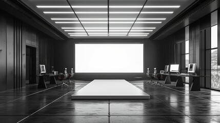 A sleek modern conference room with stylish desks, ergonomic chairs, and a large blank presentation screen on the wall.