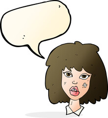 cartoon woman with bruised face with speech bubble