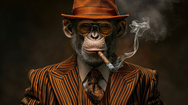 stylish boss chimpanzee in a suit with glasses and bowler hat smokes a cigar, banner, poster