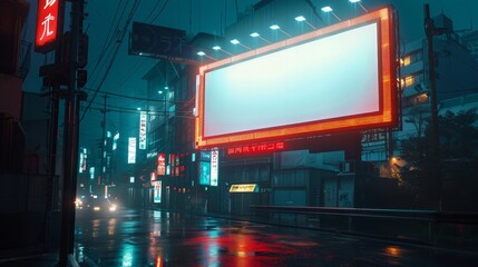 A cyberpunk-inspired city street at night, wet from rain with a glowing blank billboard ready for advertising.