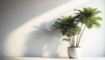 Big palm plants in a pots near white wall and big window in empty room. banner. Copy space. Minimal modern interior. - Powered by Adobe