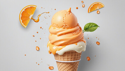 Watercolor Illustration of Orange 3d Ice Cream - obrazy, fototapety, plakaty