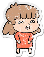 distressed sticker of a cartoon worried woman