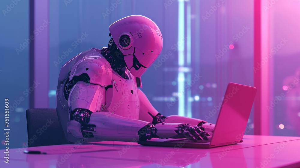 Poster modern robotic technology concept a robot with artificial intelligence working on a laptop at a desk