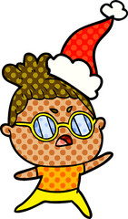 comic book style illustration of a annoyed woman wearing santa hat
