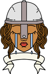 crying human fighter character with banner illustration