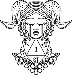 crying tiefling with natural one D20 dice roll illustration