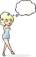 cartoon woman posing in dress with thought bubble