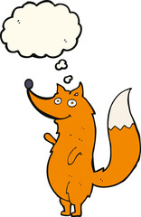 cartoon waving fox with thought bubble