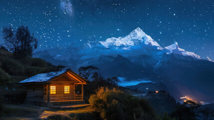 Himalayan Mountains with Night Sky and Cabin - obrazy, fototapety, plakaty
