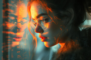 Donna che guarda dati in un schermo fantascienza - obrazy, fototapety, plakaty
