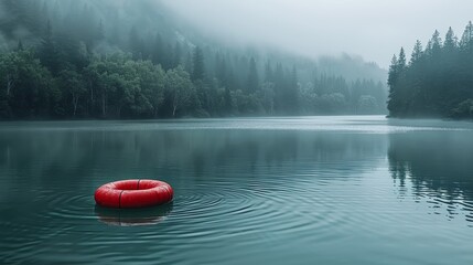 A serene image depicting a red lifebuoy adrift on the calm waters of a foggy lake surrounded by a forest.