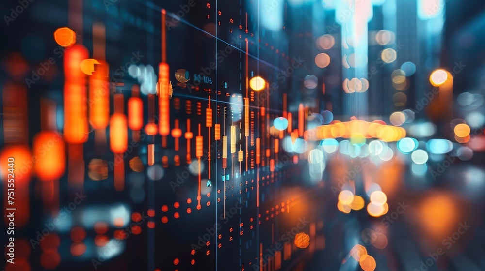 Poster dynamic abstract image of glowing financial data superimposed on a backdrop of a city's night lights