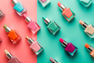 top view of nail polishes in bottles on pink and blue background, Group of vivid color nail polishes background
