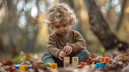 Curly-haired young child deeply focused on playing with colorful alphabet blocks on a forest floor strewn with autumn leaves.