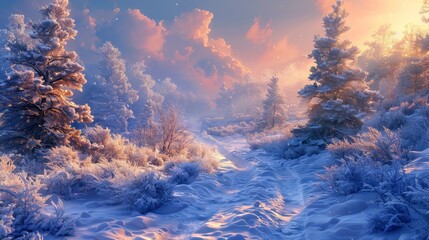 The first rays of sunrise cast a warm glow over a serene snow-covered forest path, highlighting the beauty of the winter landscape.