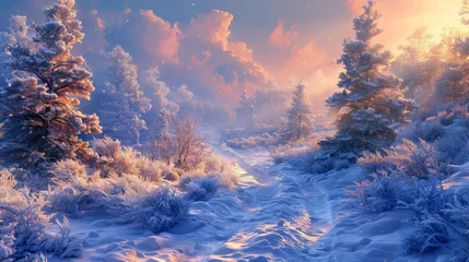 Fototapete Lavendel The first rays of sunrise cast a warm glow over a serene snow-covered forest path, highlighting the beauty of the winter landscape.