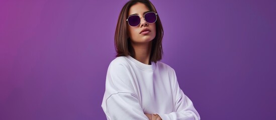close up of young Woman model wearing white casual sweater, casual sweater mockup material on purple background.AI generated - obrazy, fototapety, plakaty