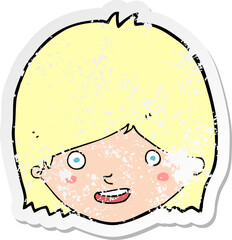 retro distressed sticker of a cartoon happy female face