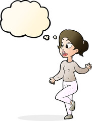 cartoon friendly woman waving with thought bubble