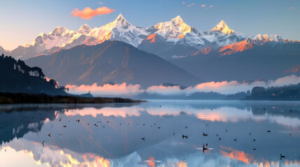 Sunset Alpenglow on Himalayan Mountain and Lake - obrazy, fototapety, plakaty