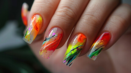 Obraz premium Female hand with long nails and multi-colored manicure holds a bottle of nail polish