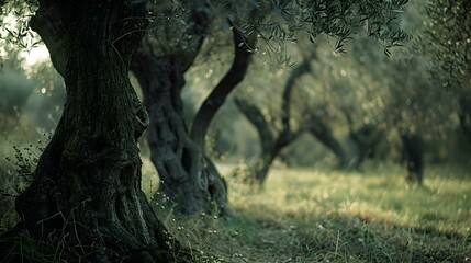 Peaceful olive grove in soft morning light, nature's serenity captured. ideal for calming backgrounds. AI - obrazy, fototapety, plakaty