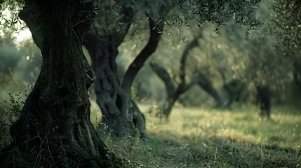 Zelfklevend Fotobehang Peaceful olive grove in soft morning light, nature's serenity captured. ideal for calming backgrounds. AI © Irina Ukrainets