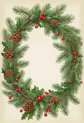 Fototapeta na wymiar christmas wreath made of holly and pinecones vintage illustration isolated on a transparent background