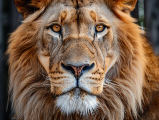 A lion with a long mane and a yellowish-orange face