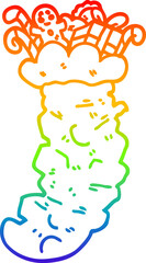 rainbow gradient line drawing cartoon christmas stocking stuffed with toys
