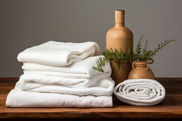 Fototapeta na wymiar Eco friendly organic linen towel for zero waste spa concept in kinfolk style setting
