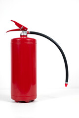 A red fire extinguisher with black hose on white background