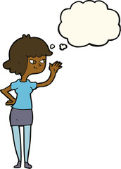 cartoon friendly girl waving with thought bubble