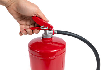 A red fire extinguisher with black hose on white background