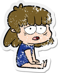 distressed sticker of a cartoon tired woman