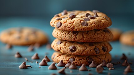 Mountain of Cookies with Chocolate Chips on Blue Background - obrazy, fototapety, plakaty