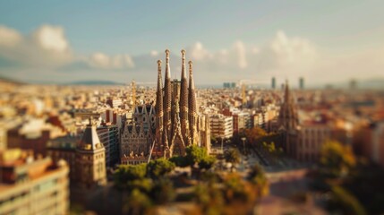 Fototapeta na wymiar Tilt-shift photography of the Barcelona. Top view of the city in postcard style. Miniature houses, streets and buildings