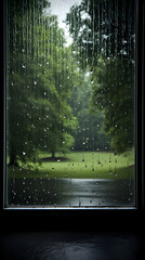 The Serene Symphony of Steady Downpour: An Intimate Perspective of Raindrops on Window Panes Amidst a Stormy Day