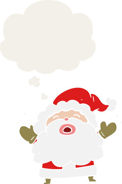 cartoon santa claus shouting and thought bubble in retro style