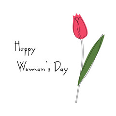 March 8, women's day, tulip flower bouquet tulip line art drawing, One continuous line drawing and text. for greeting card design.