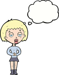 cartoon bored woman waiting with thought bubble
