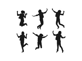 A group of happy children jumping. Children Holiday, school, Sport. For Art, web graphic design. Vector illustration. Back to school. Silhouettes of children playing isolated on white background.