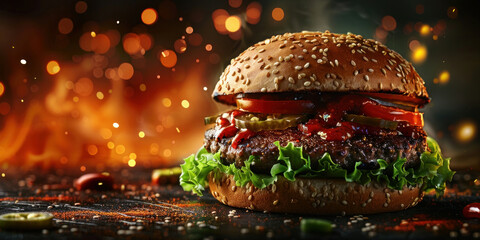 Delicious juicy hamburger with ketchup and assorted toppings on a dark background