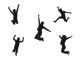 a group of happy jumping children. Silhouette of jumping and standing school students in full growth. Vector illustration. Back to school. Silhouettes of children playing isolated on white background.
