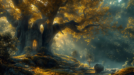 A mystical tree with a door, bathed in golden light in an enchanted forest. - obrazy, fototapety, plakaty
