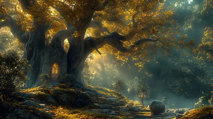 Papier Peint photo Forêt des fées A mystical tree with a door, bathed in golden light in an enchanted forest.