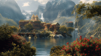 A fantasy village with houses and waterfalls nestled among mountains and flowers. - obrazy, fototapety, plakaty