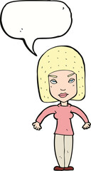 cartoon woman shrugging shoulders with speech bubble