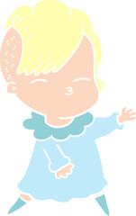 flat color style cartoon squinting girl